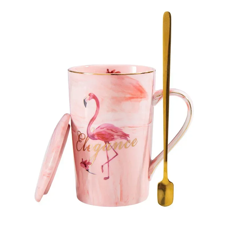 Ceramic Mug Gold Plated Flamingo Milk Coffee Tea mugs With Spoon Handle Household 55 Celsius heating thermostat padOffice Cup