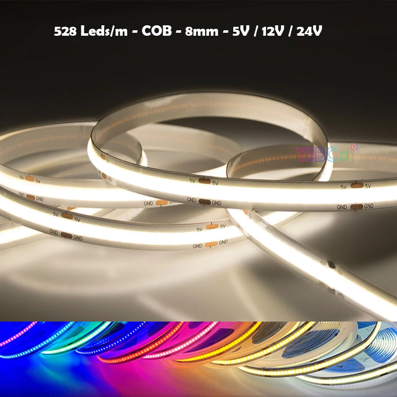 

5V 12V 24V 5M White/Warm white/Natural White/Blue/Red/Green/Pink Flexible FCOB Light Tape 528LEDs/m Soft COB LED Strip 8mm FPCB