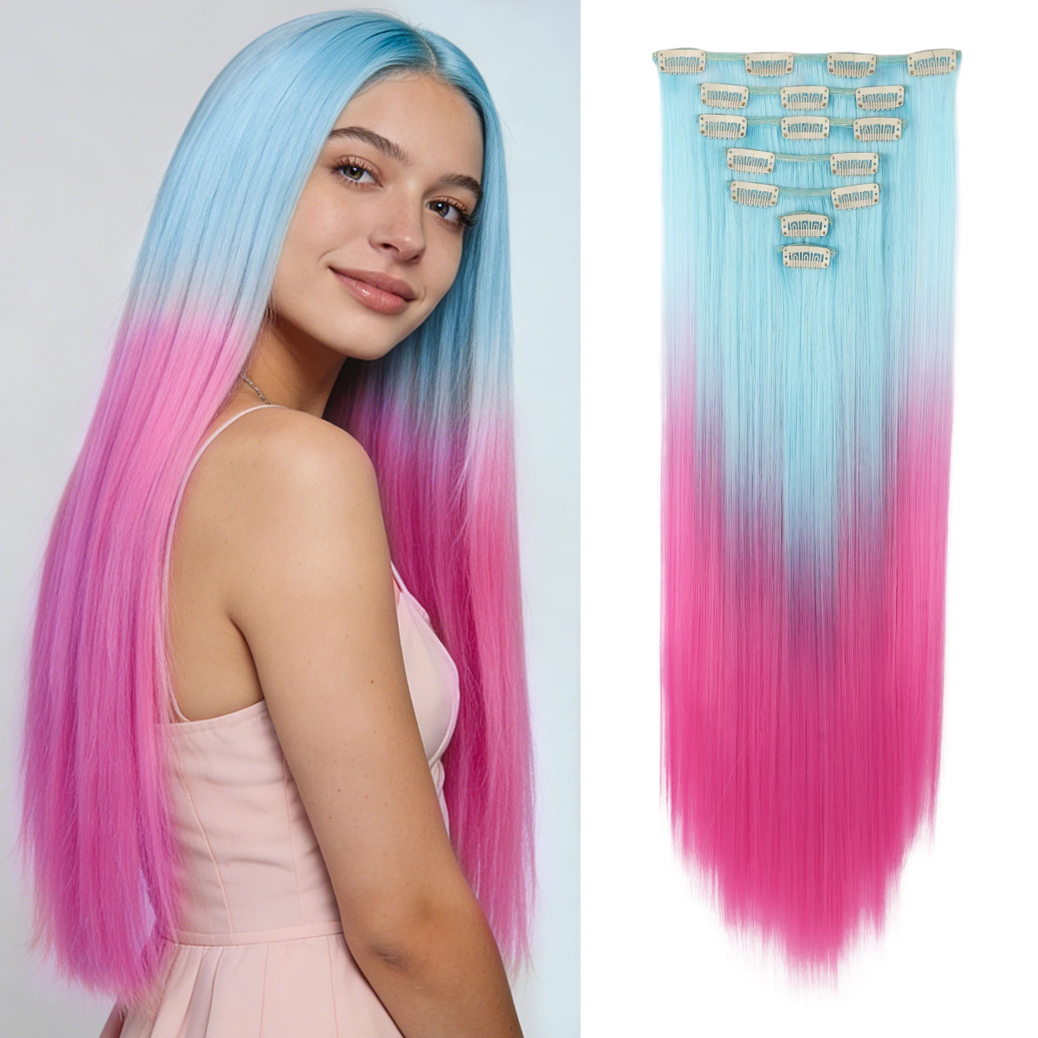 Synthetic Clip in Hair Extensions 7pcs/set Ombre Sky Blue to Hot Pink 22inch Colorful Clip in Hair Multi Styles Straight/Wavy