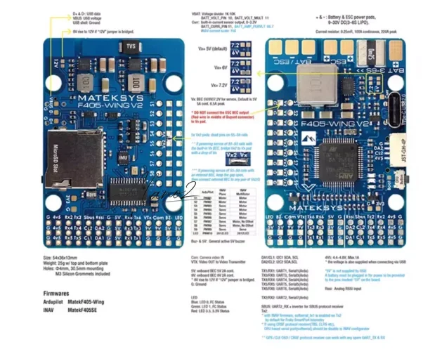Sistema control vuelo avanzado MATEK F405-Wing V2 con OSD compatible con varias baterías