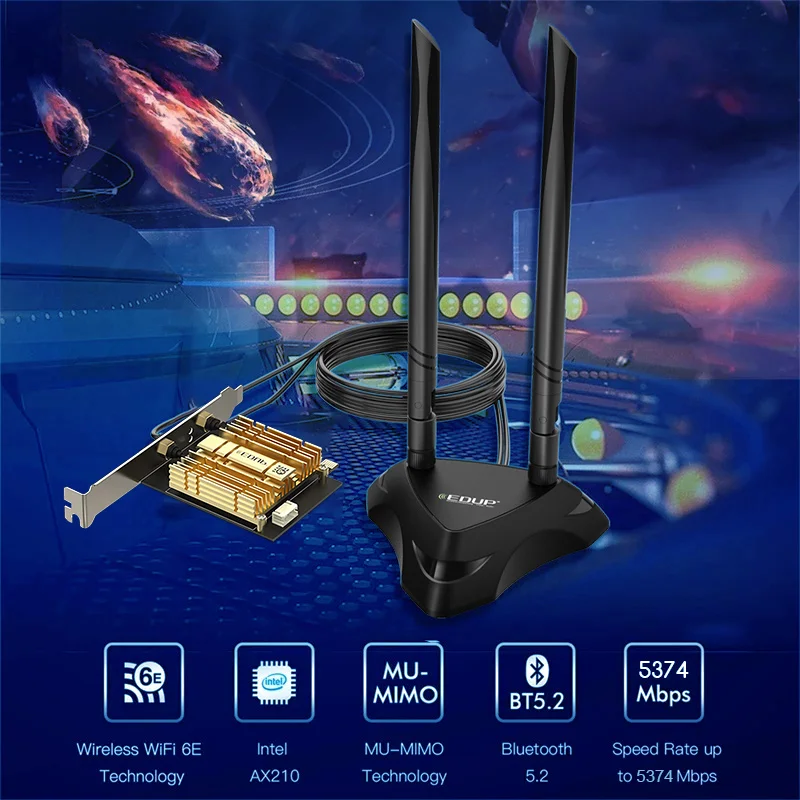 Edup 5374mbps wifi6e intel ax210 pcie adaptador wi-fi sem fio 2.4ghz 5.8ghz 6ghz 802.11ax para bluetooth5.3 wifi6 cartão para win10 11