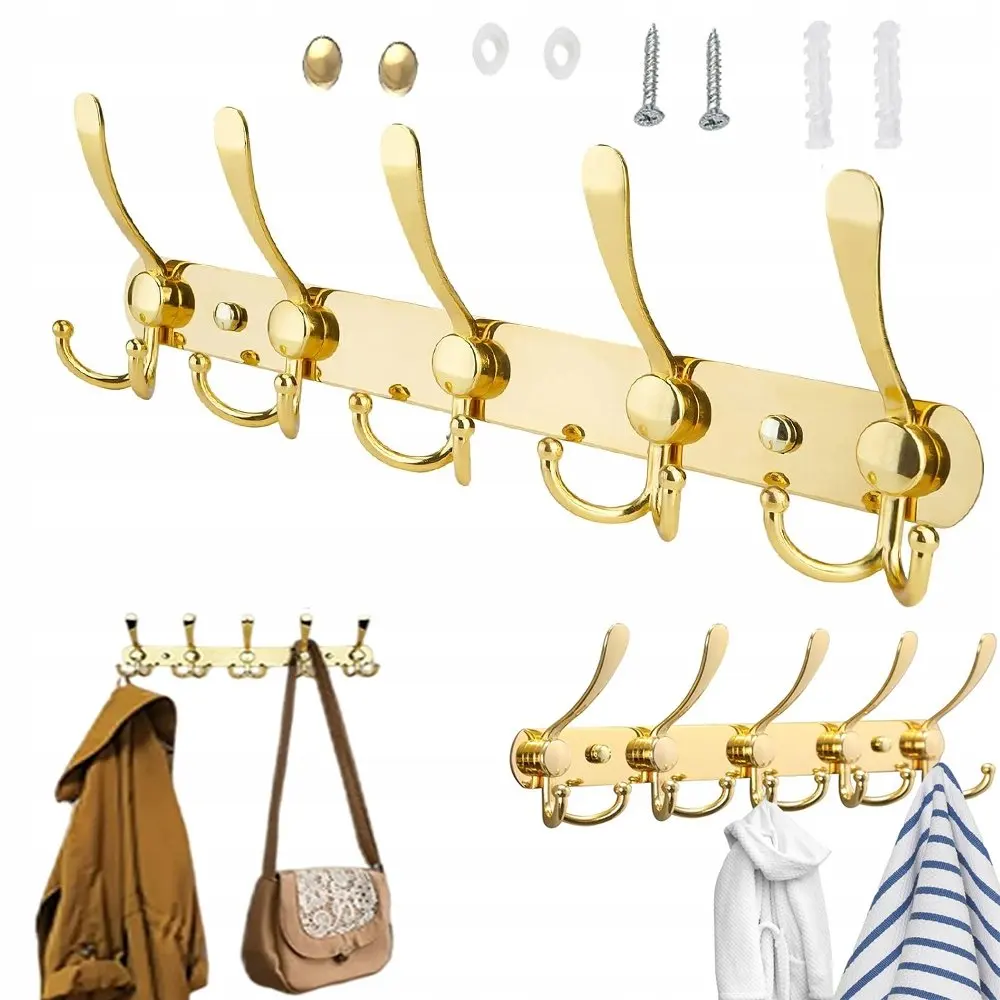 5-teiliger Doppelgabel-Kleiderhaken, Wandmontierter Hakenleistenhalter, Robust und Langlebig, Goldfarben. Geeignet für Küchen, Badezimmer, Flure und Wohnzimmer zum Aufhängen von Kleidung.