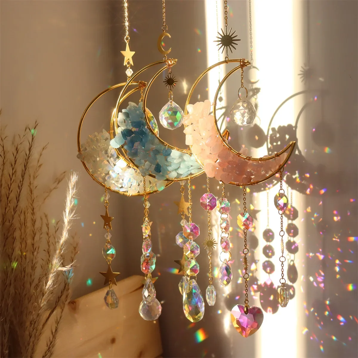 Moon Suncatcher Hanging Glass Prisms Crystal Sun Catcher Wind Pendants DIY Wind Chimes for Car Window Outdoor Garden Decorations