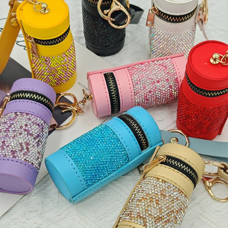 Luxury Rhinestone Lipstick Bags Mini Leather Bucket Bag Portable Storage Bag Bling Car Keychain Female Key Ring Storage Box Gift