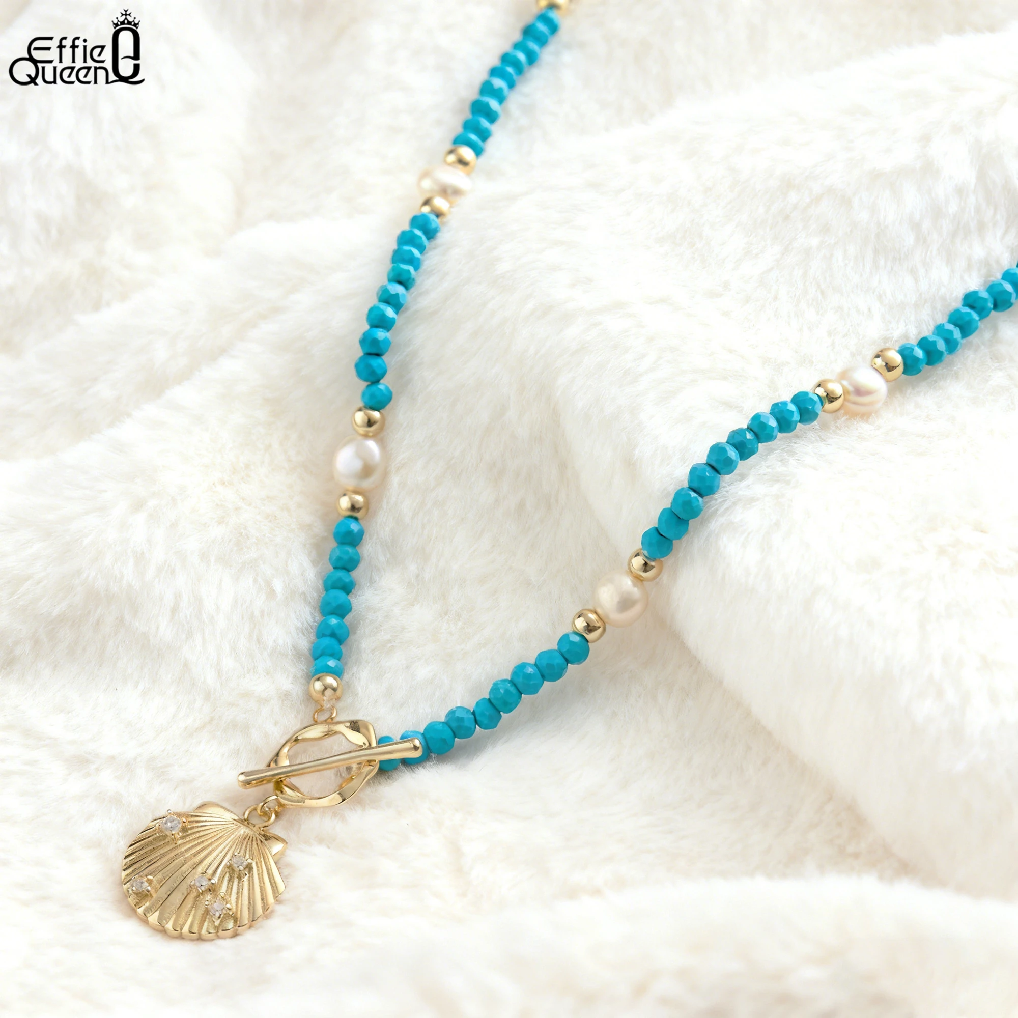 

EFFIE QUEEN 925 Sterling Silver 14k Gold Turquoise & Pearl Scallop Pendant Necklace Natural Jewelry for Women Banquet Gift GPN82