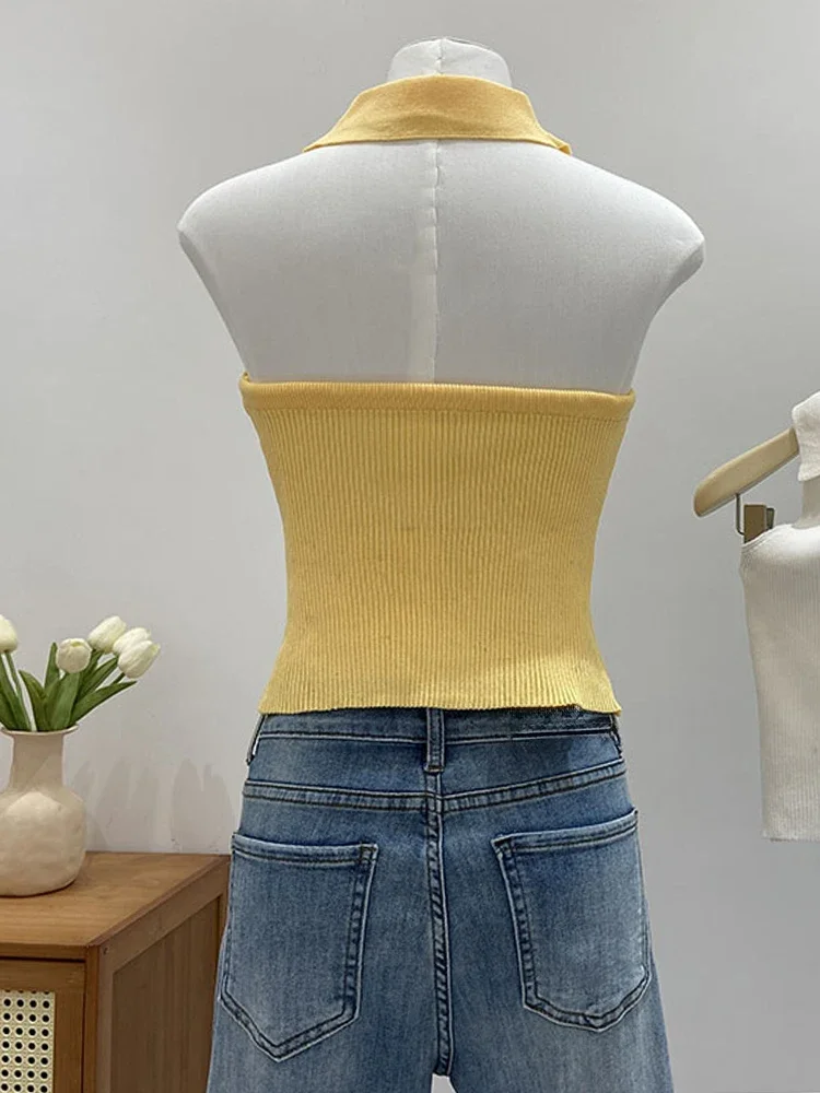 مضلع متماسكة الرسن قميص بولو بلا أكمام زر الجبهة المحاصيل الدبابات كاميس الصيف النساء في سن المراهقة فتاة 90s الزي خمر