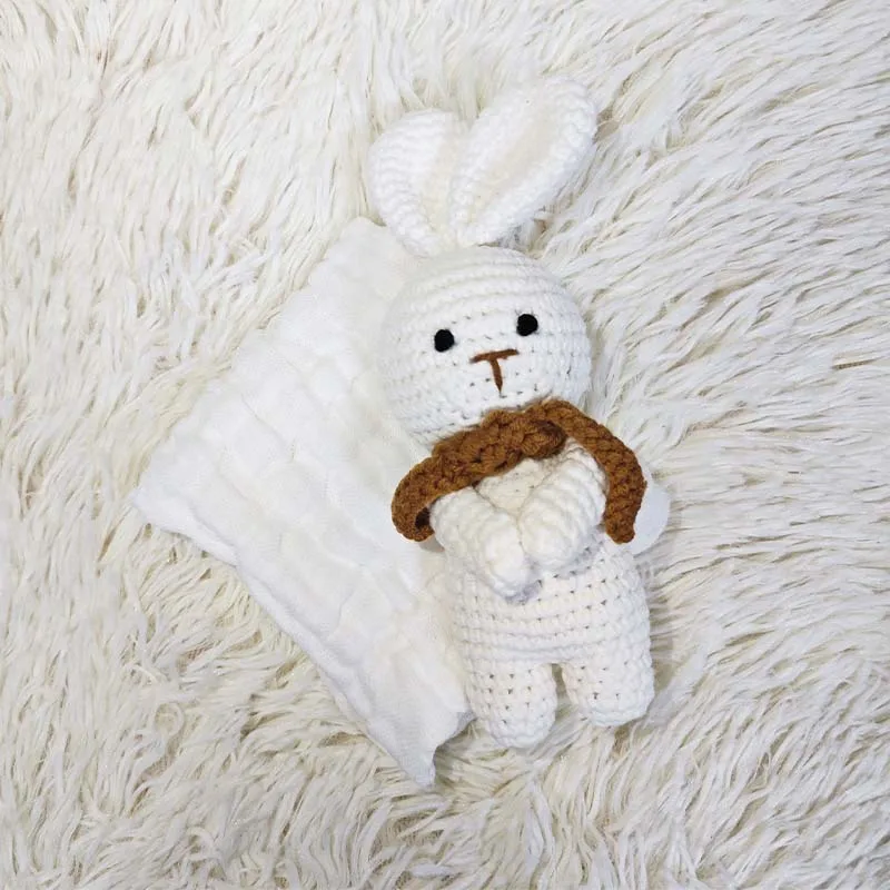 Handmade crochet bunny plush toy infant comfort doll matched with soft security cloth