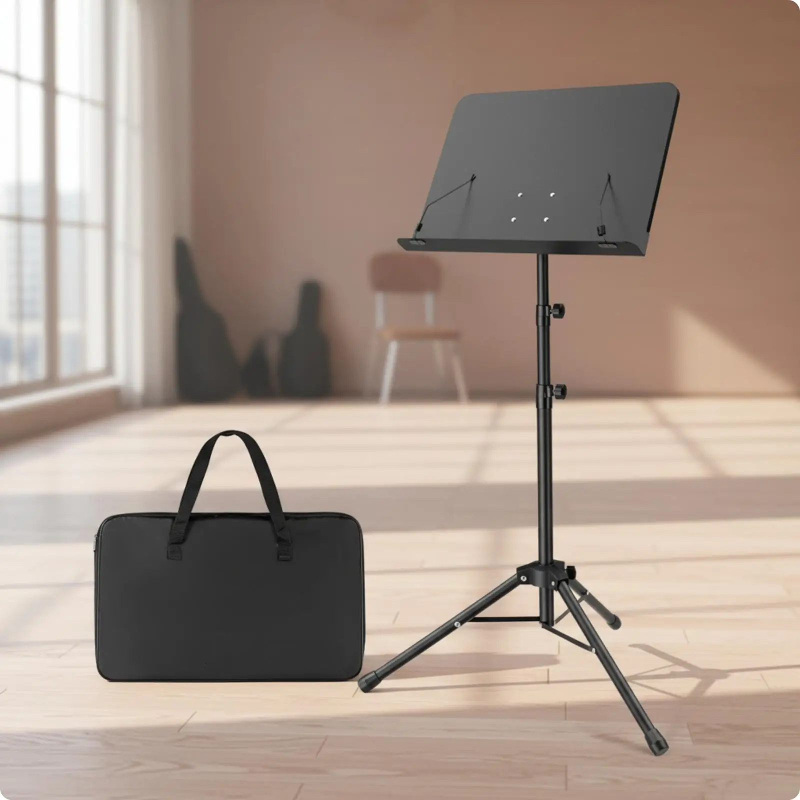 Portable Music Stand for Sheet Music with Retaining Clips Adjustable Central Shaft Folding Tripod Base Black Iron Frame