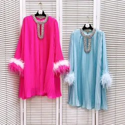 Crystal Luxury Chiffon Fur Dresses Women 2025 Spring Summer Holiday Full Long Sleeve Hollow Out Short Party Vestidos Prom