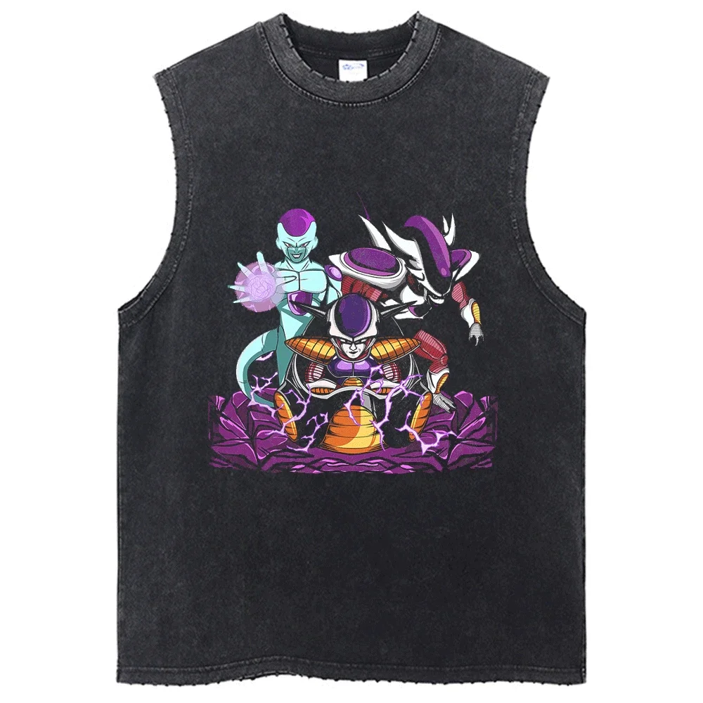 2024New Men Washed T-Shirt Sleeveless Dragon Ball Anime Graphic Oversized T Shirt Summer Short Sleeve Cotton Tshirt VintageTank