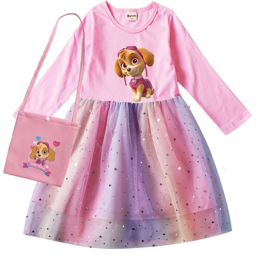 PAW PATROL Princess Dress Girls Dress Skye Cartoon Kids Dress Long-sleeved For Children's Party Clothes Cotton Dress 1-8Y