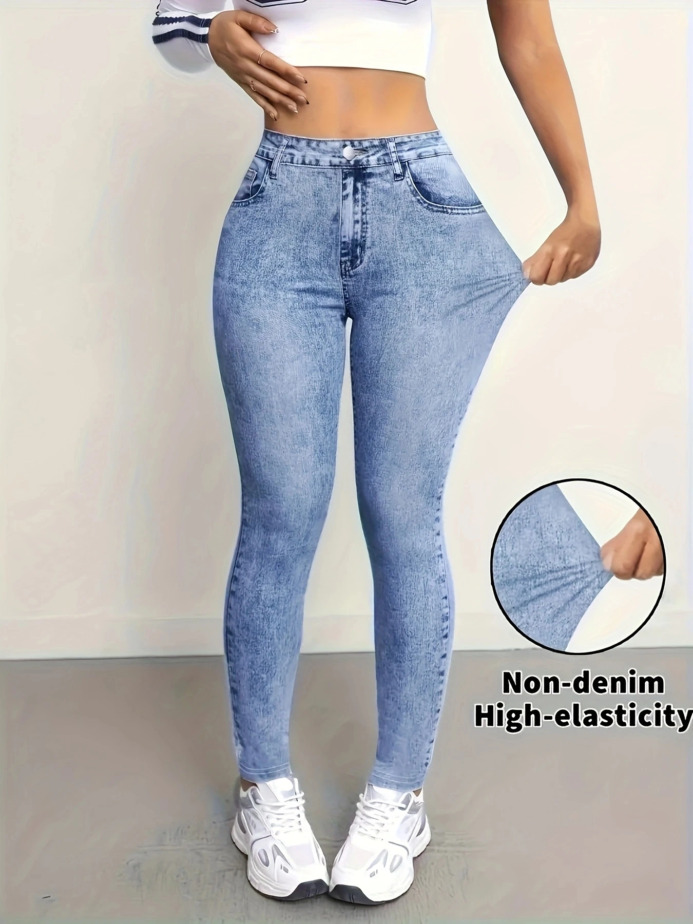 Damen High-Waist Stretch Lange Leggings mit Faux-Denim-Print, Skinny Pencil Pants, Slim Fit, Nicht-Denim Jeggings – Detail 3