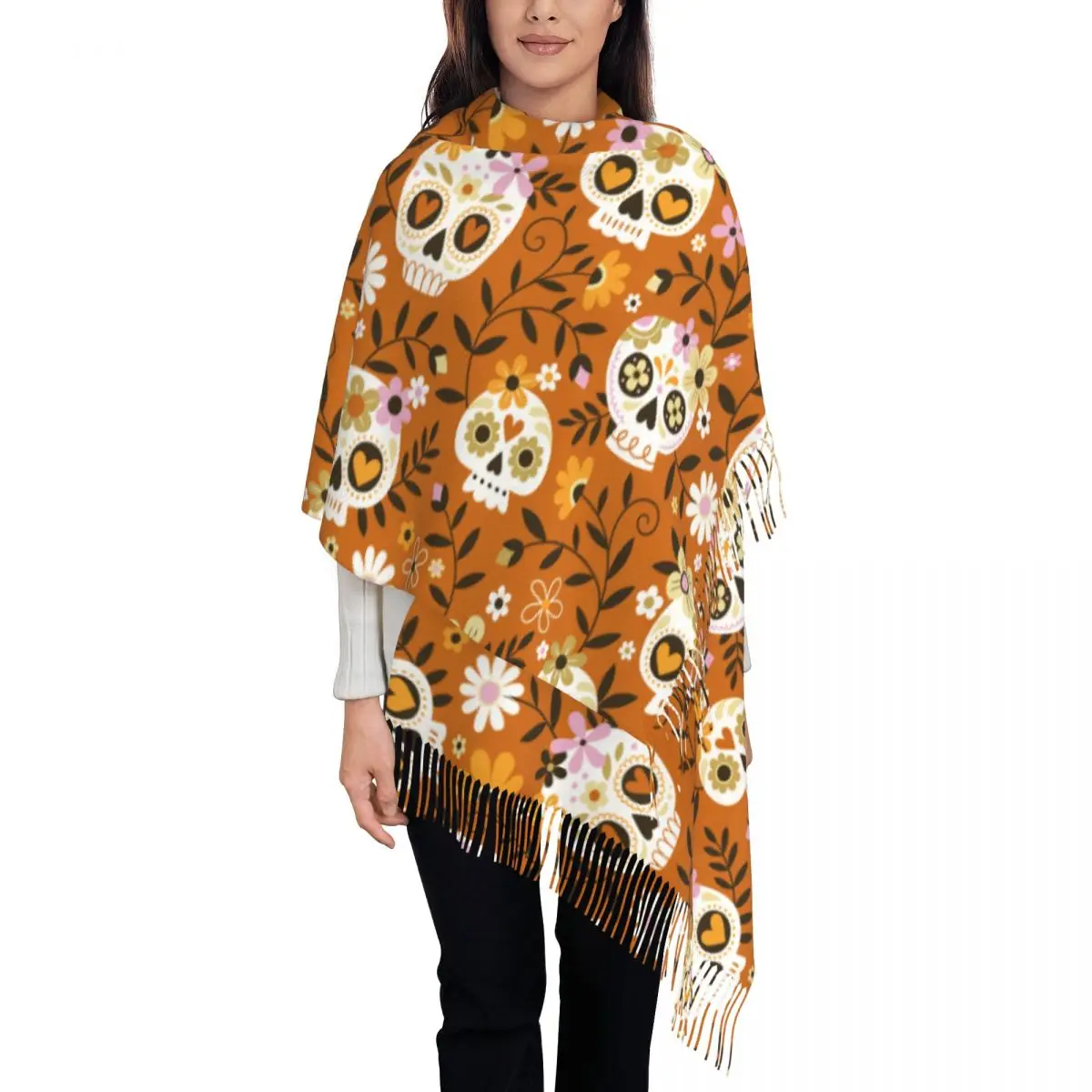 Day Of The Dead Hand Drawn Sugar Skulls Shawl Wrap Women Winter Warm Large Soft Scarf Halloween Skull Neckerchief Tassel Scarves