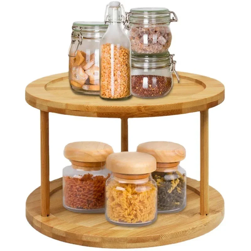 Bamboo turntable spice rack 2-layer bamboo kitchen counter top cabinet, rotary condiment storage box, cosmetics shelf