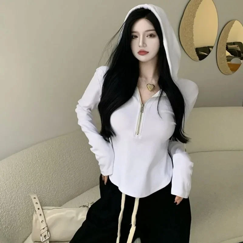 Half Zip Hooded Sweater Women's Autumn Pure Lust Spicy Girl rregular Short Top Slim Fit Long Sleeve T-shirHalf Zip Hooded Women