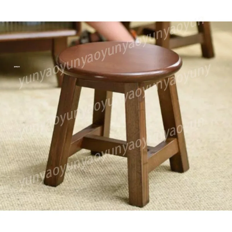 Round Solid Wood Low Stool, Walnut Color, Small Pedal Stool Suitable for Sofas and Tea Tables, Household Stool with Cushion