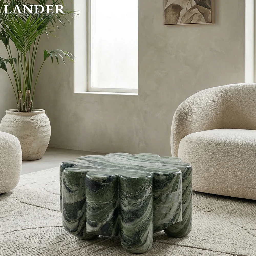 Landerstore Shangrila Green Marble Coffee Table Set Center Table Marble Coffee Table Wave Design for Livingroom