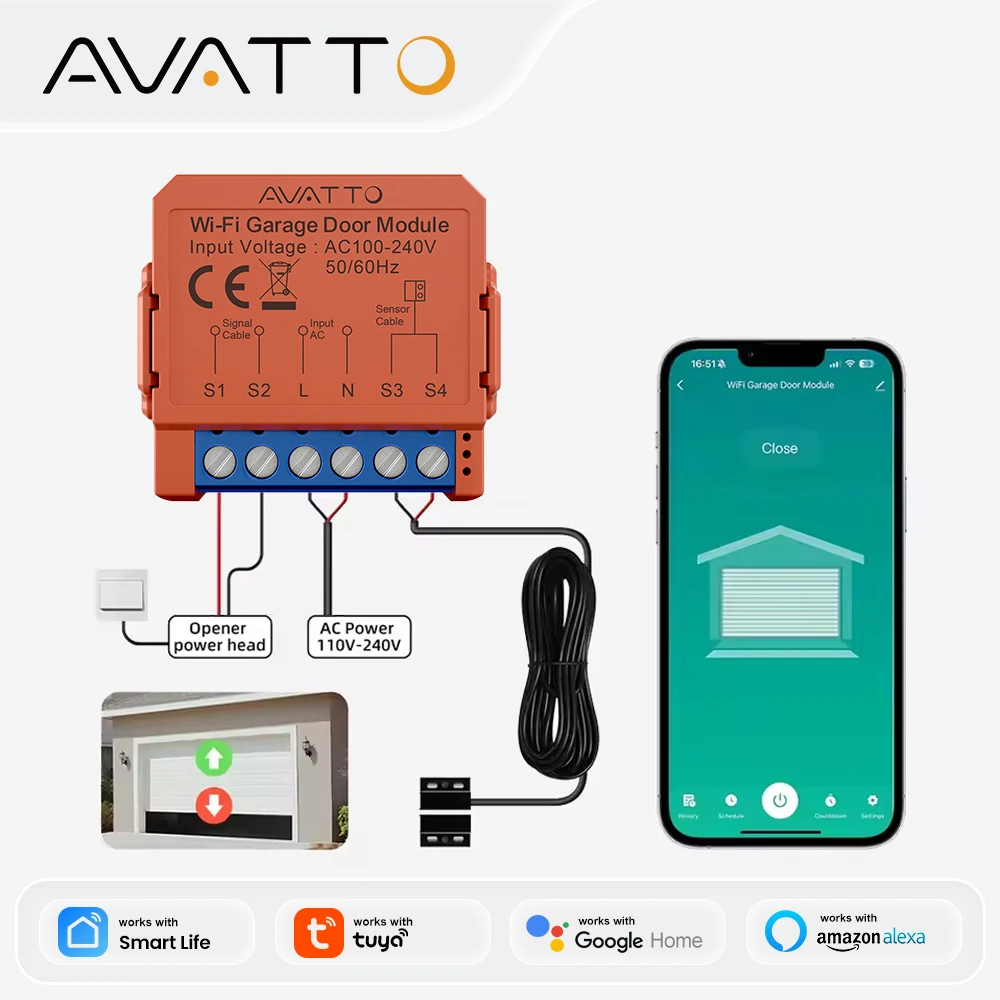 AVATTO WiFi Apriporta Garage Intelligente con App, Controllo Vocale Remoto, Modulo Interruttore Cancello Compatibile con Tuya Alexa Google Home Alice