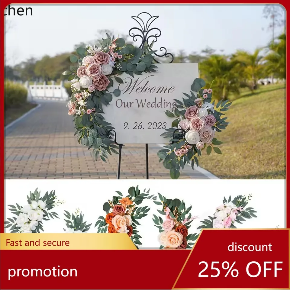 

HT Artificial wedding arch flower set, rose blue eucalyptus wreath, wedding decoration, welcome sign