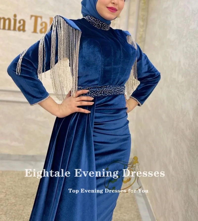 Eightale Arabic Evening Dresses Muslim Velvet High Neck Beaded Dark Blue Mermaid Prom Party Gown vestidos elegantes para mujer