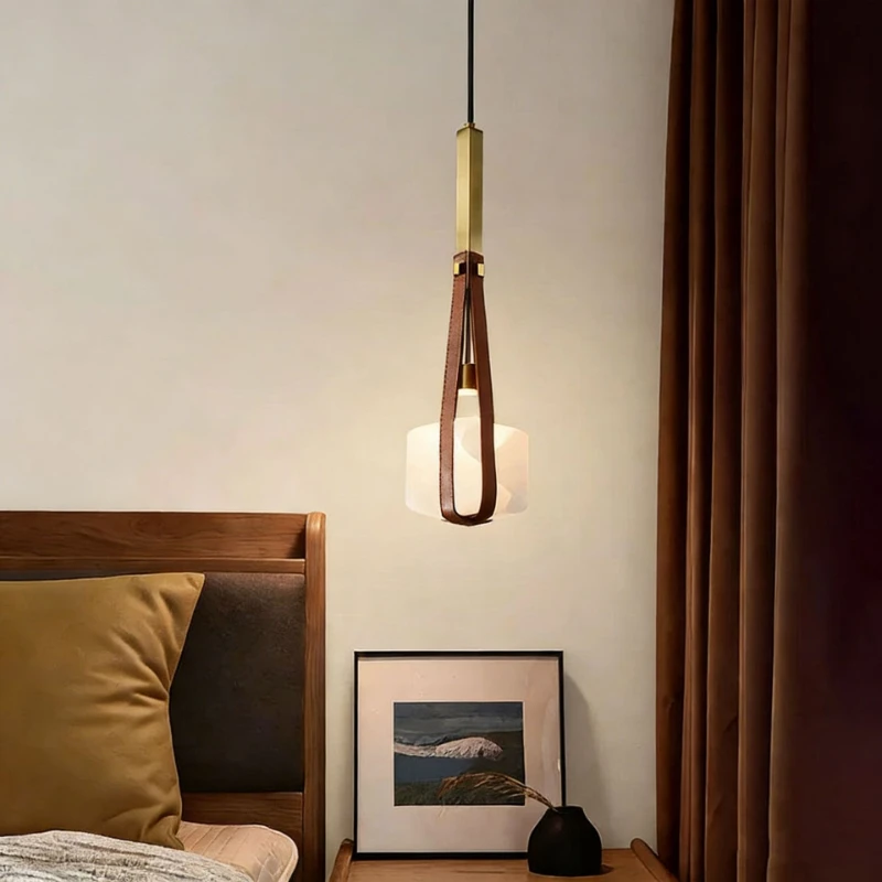 Italian Designer Minimalist Marble LED Pendant Light Modern Creative Leather Singe Head Chandelier Restaurant Study Bedside Lamp