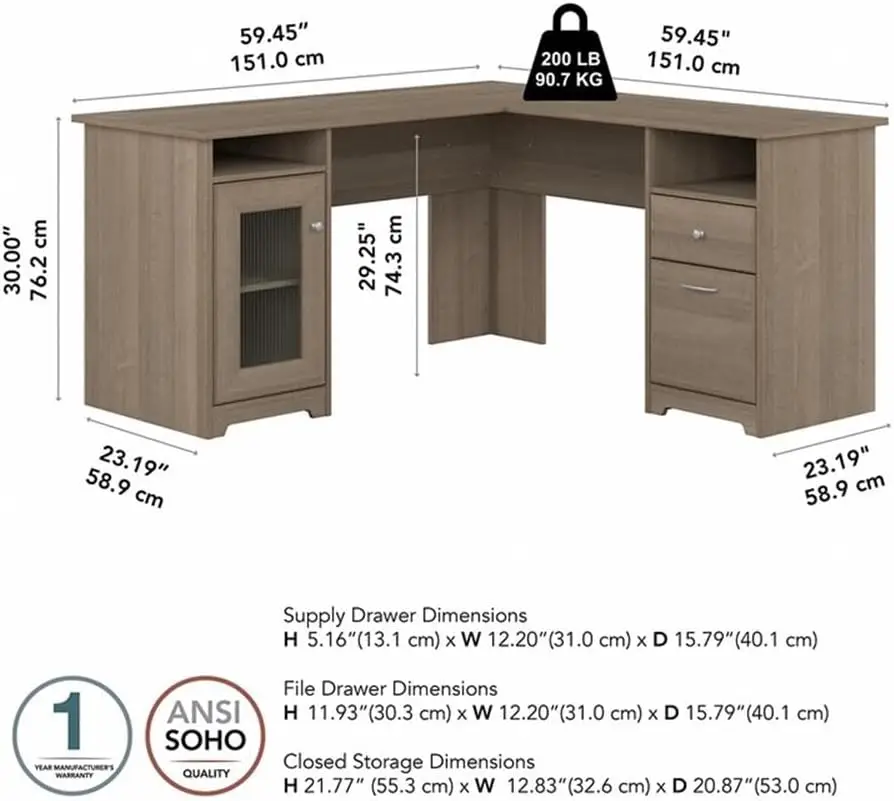 Shaped Computer Desk in Ash Gray | Corner Table with Drawers for Home Office