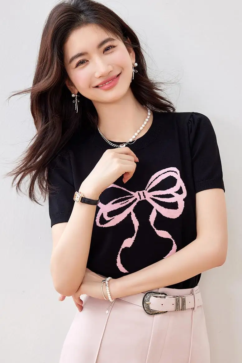 Summer Pullovrs Knitted Sweaters for Women Short Sleeve Black Tops Knitwears Casual Basics Jersey Mujer Korean Fashion Style