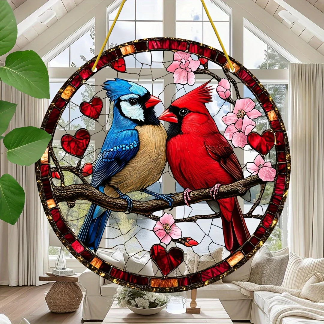 2D Flach, 2D Flach Rot und Blau Vogel-Liebespaar Acryl-Sonnenfänger, 20x20 cm - Lebendiger Buntglas-Fensterhänger mit Blumenmotiv