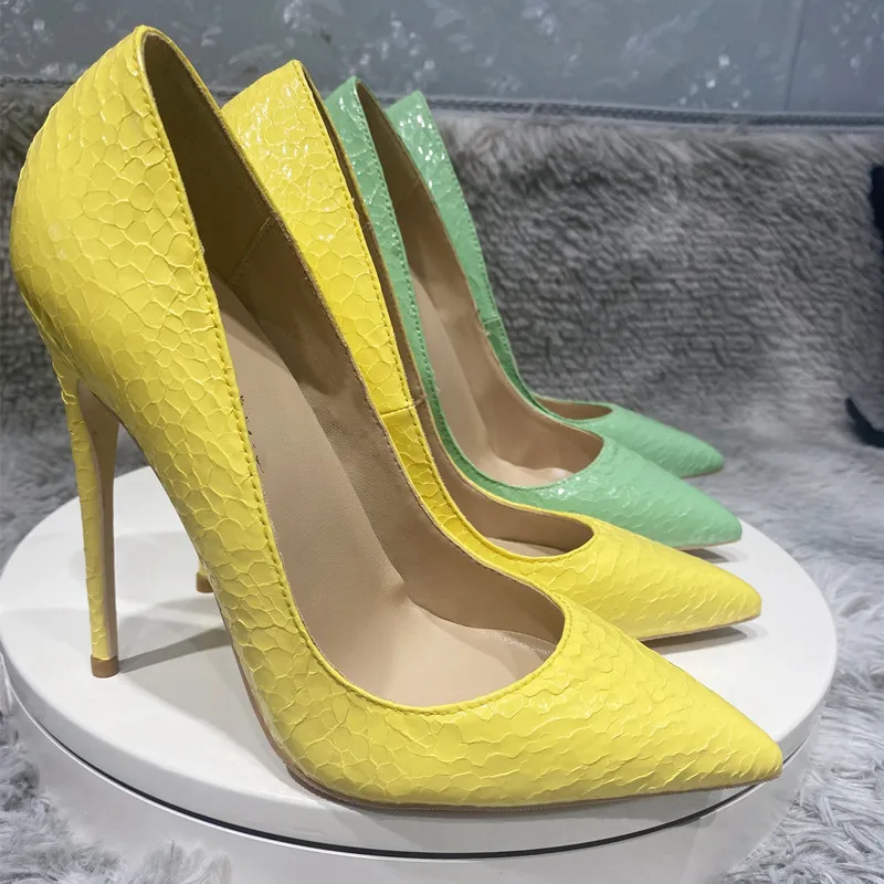 Tikicup Yellow Crocodile Effect Women Pointy Toe High Heel Sexy Party Shoes Ladies Designer Stiletto Pumps Plus Size 33 44 45