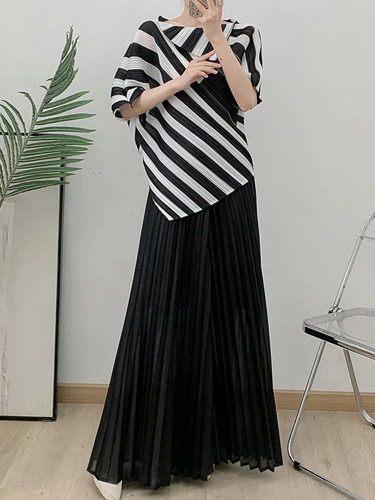 GVUW Pleated Pants Set Women Irregular Striped Short Sleeve Lapel T Shirt + Wide Leg Trousers Loose New 2024 Sets 17G8915