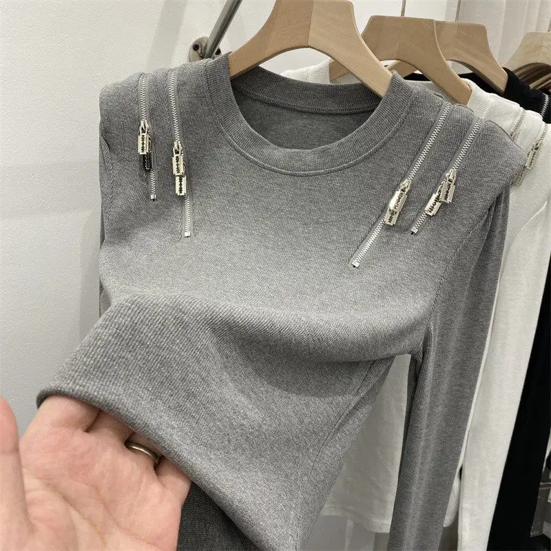 Shoulder Padded Long Sleeved T-shirt For Women European Fashion Zipper Chic Top Spring Autumn Simple High Street Female Tees