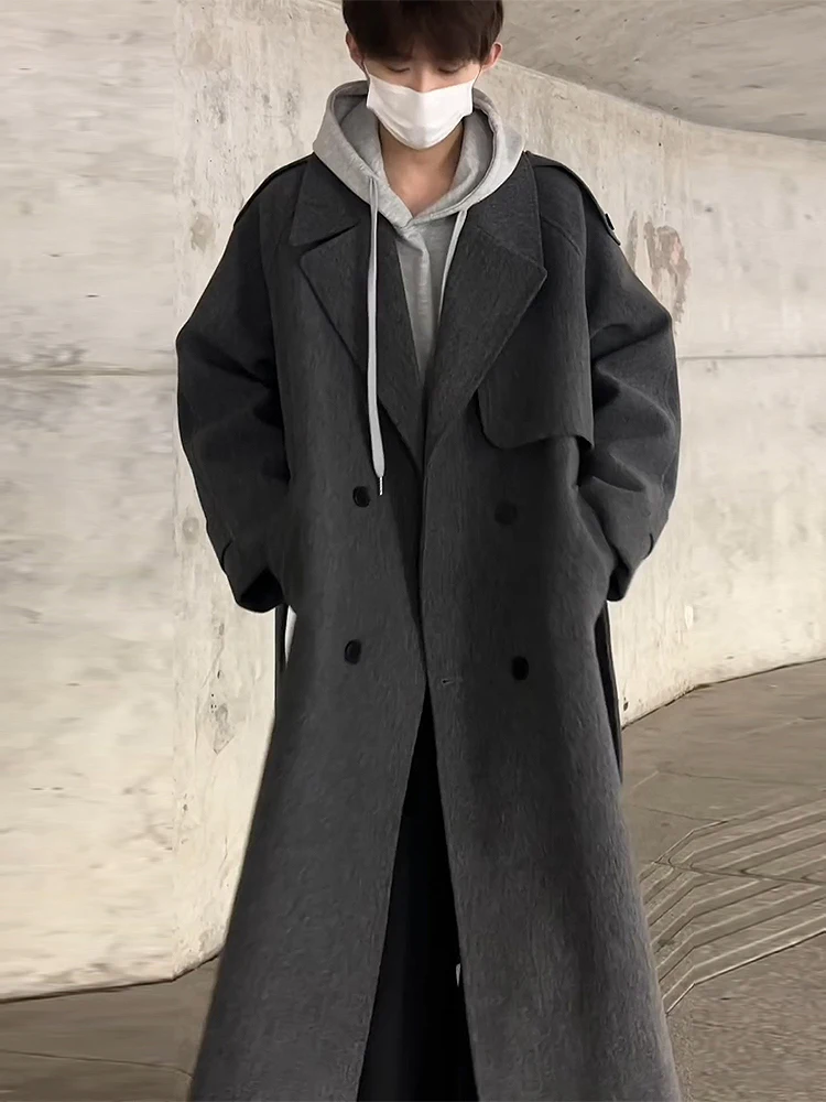 

Korean Sle Thiened Over-Knee Briti Sle Woolen Coat Men's Winter Middle-Length Youth Casual Pure Cotton Long Sve Coat