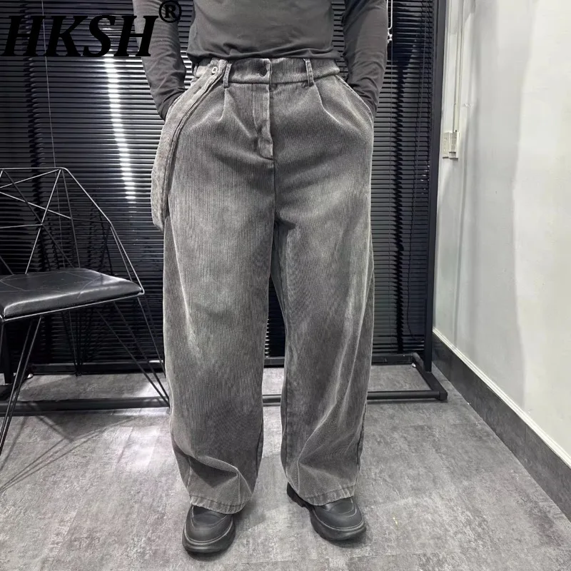 

HKSH Spring Autumn New Men Tide Fashion American Retro Corduroy Washed Wide-Leg Pants Loose Fleece-Lined Casual Straight HK18174