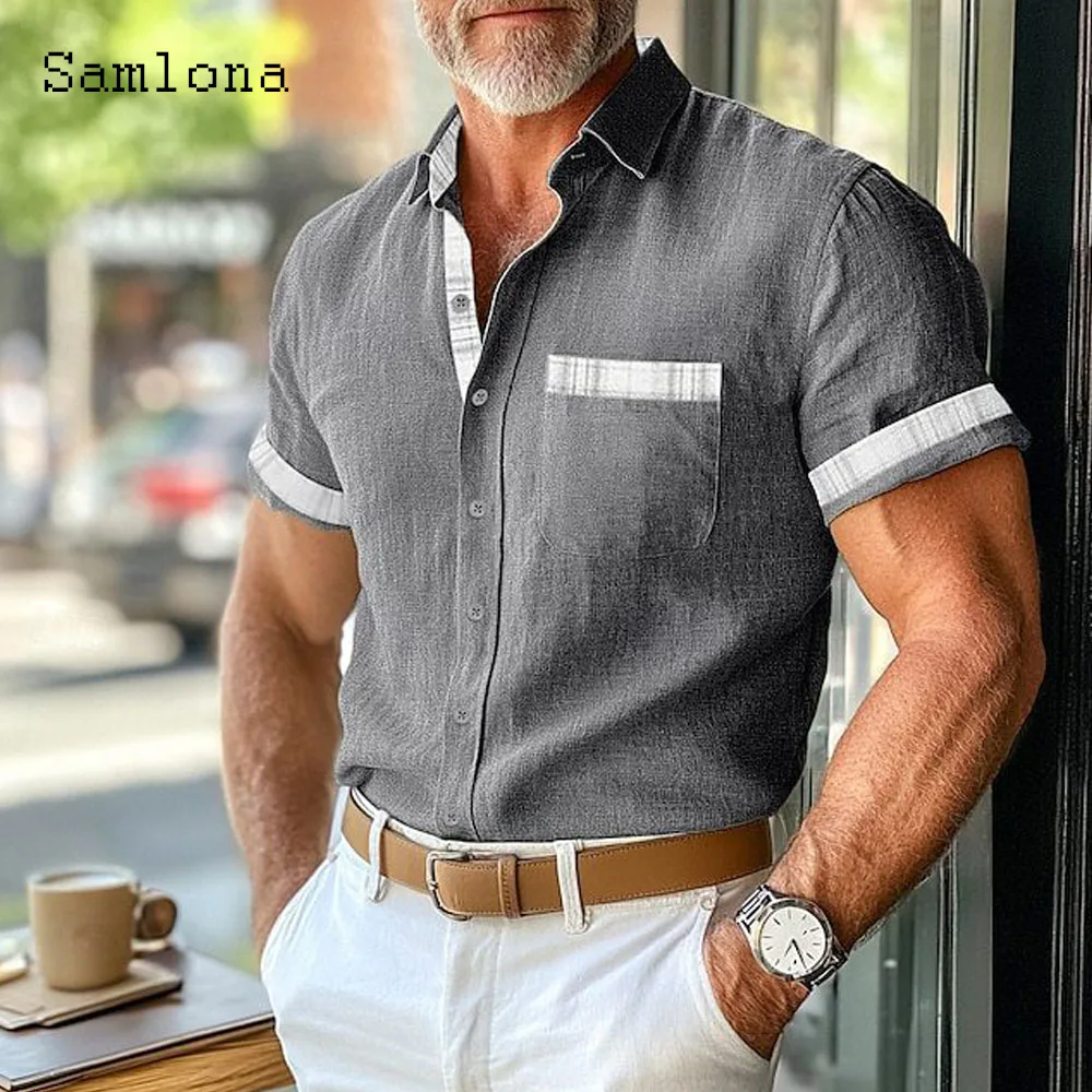 

Мужские повседневные пляжные рубашки, одежда, лето 2021, модные базовые топы, лоскутная рубашка с лепал-воротником, Blusas, мужская блузка с коротким рукавом, новинка