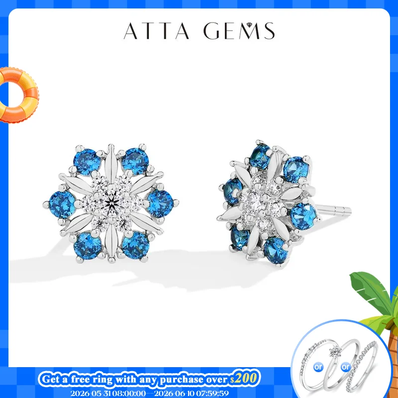 

ATTAGEMS Snowflake Shape Moissanite Diamond Stud Earrings for Women Lab Blue Zircon S925 Sterling Silver Wedding Daily Gifts New