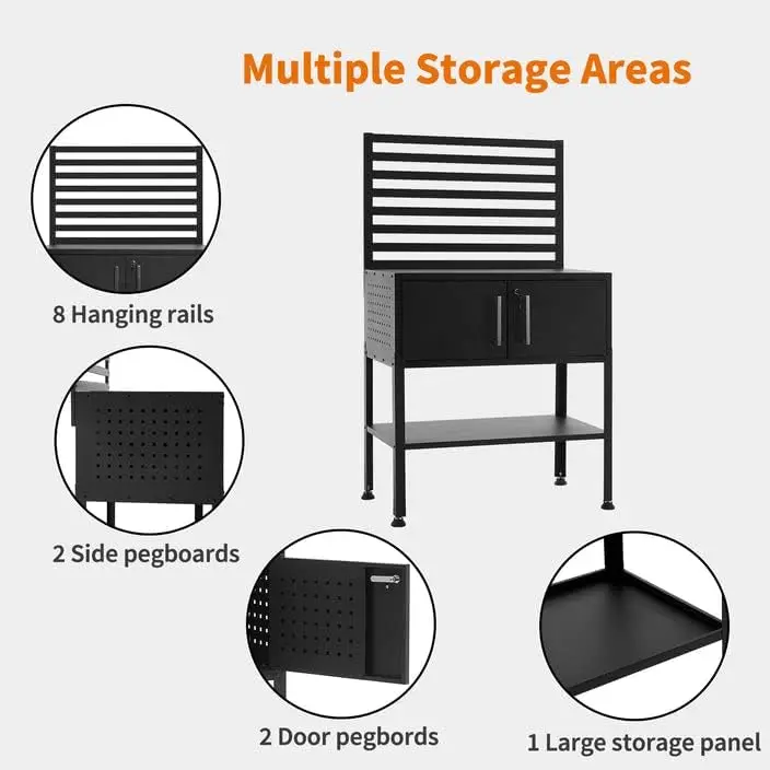 Mcombo Metal Workbench For Garage, Adjustable Worktable With Storage Cabinet For Home Office, Basements, Workstation For Home