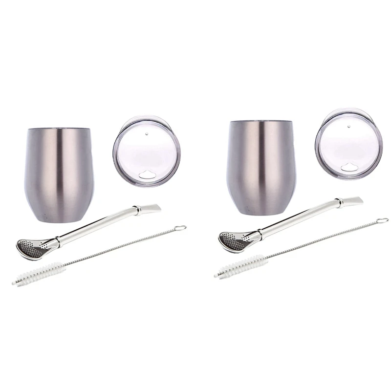 

2X Double-Wall Stainless Yerba Gourd Mate Tea Set Water Mate Tea Cup With Lid Spoon Straw Bombilla Head Filter Brush