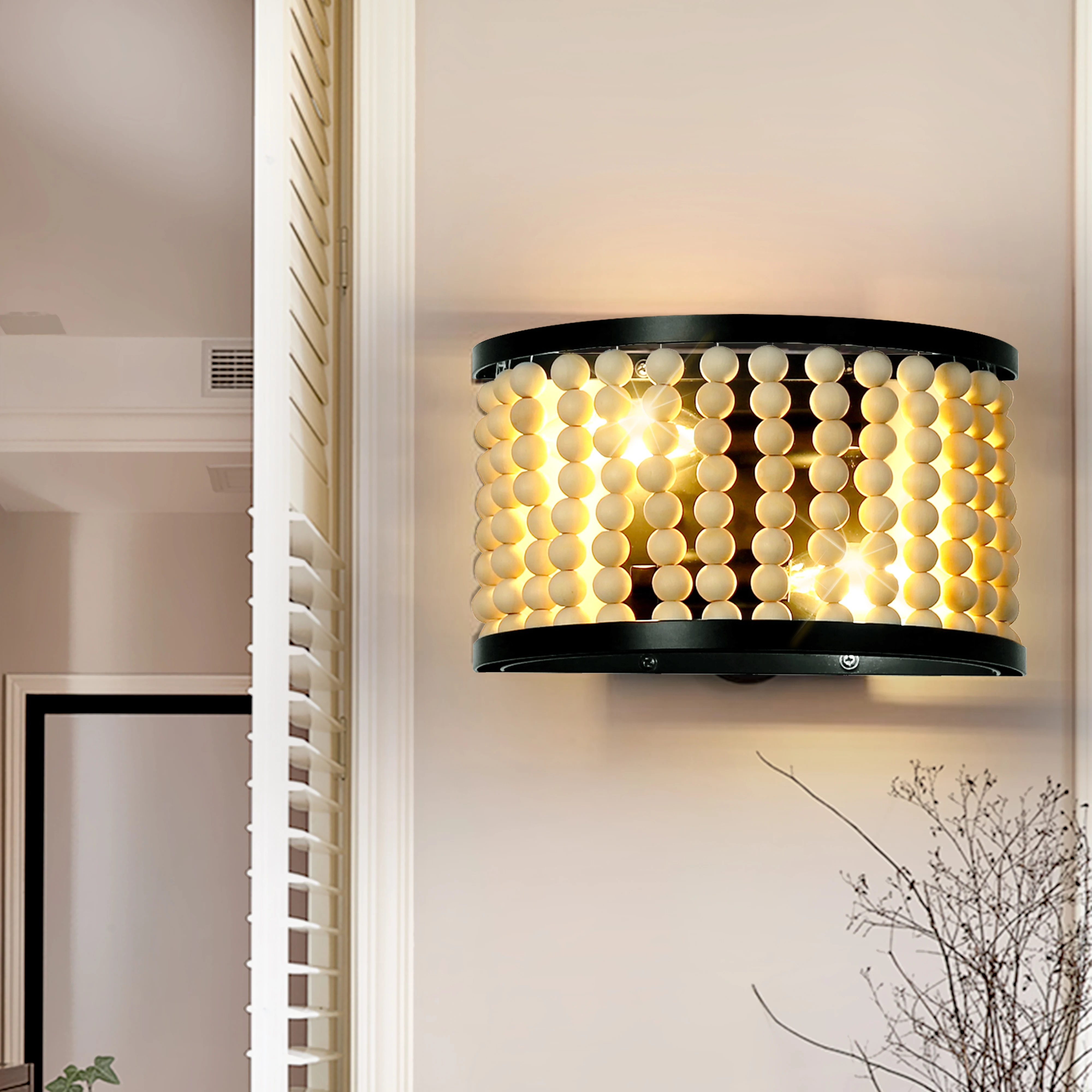 

Metal Flush Mounted Sconce Wall Lighting Sconces Indoor Bohemia Wood Bead Light Fixture For Bedroom Livingroom Entryway
