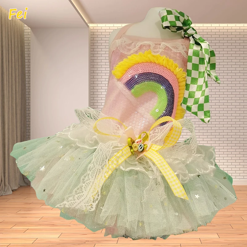 

2025 Summer Puppy Dog Cat Clothing Fashion Rainbow Sequin Pattern Lace Sling Dress For Small medium Dogs Yorkshire Pet Clothes