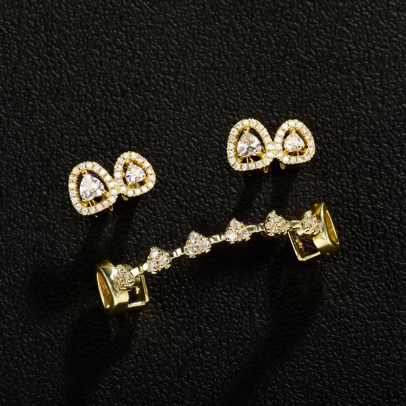 Neue High-End DIY Top & Bottom Bling Herz Zirkon Zahn Grillz Punk 5A+ CZ Stein Hohlzahnkappen Damen Herren Schmuck Dental Grills