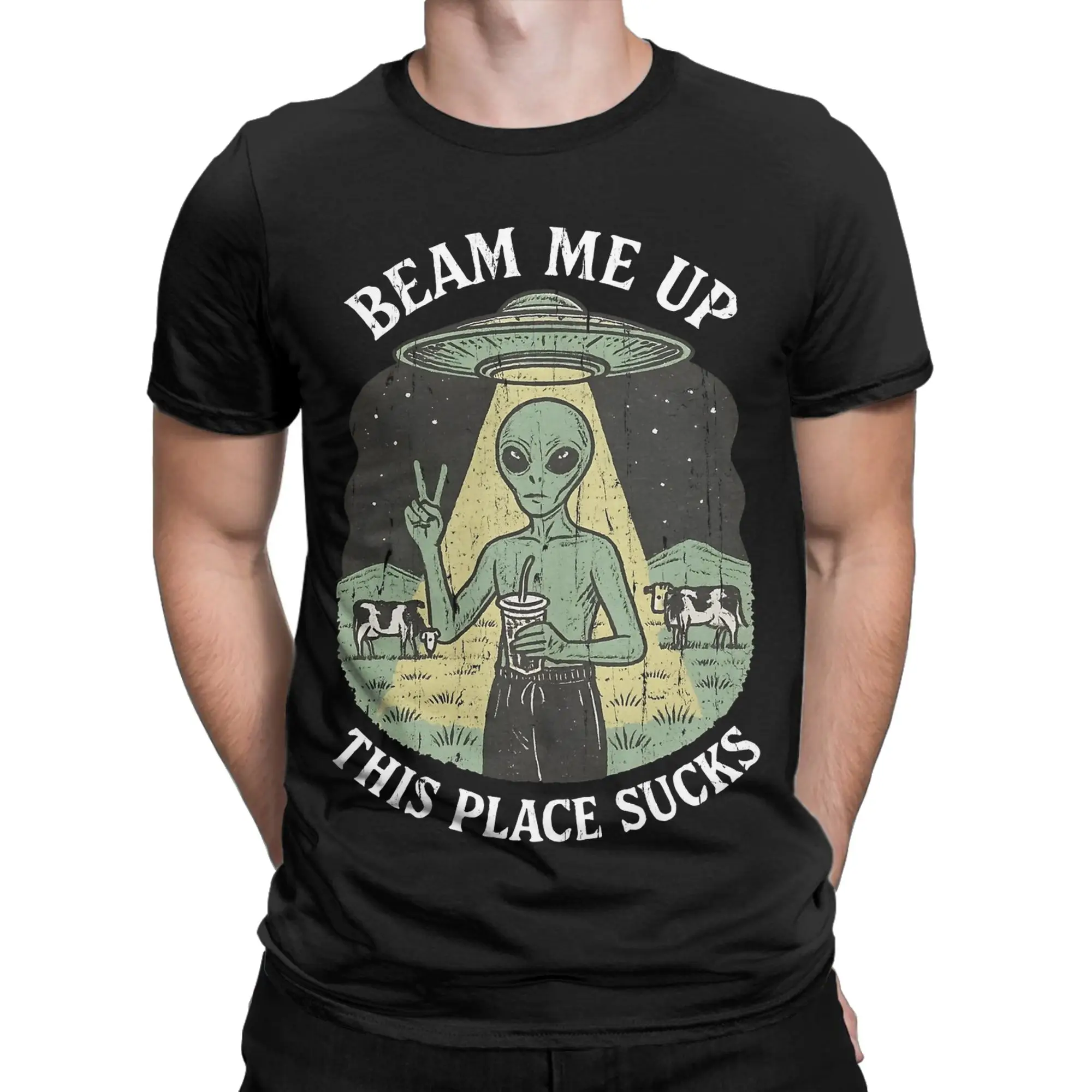 Funny Beam Me Up This Place Sucks T-Shirt Men Round Neck Short Sleeve Clothing  Cotton Summer TopsTops