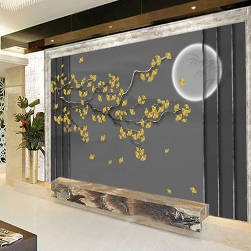 New Chinese-style artistic conception ginkgo leaf ink-wash landscape painting retro and fashionable TV home decoration backgroun