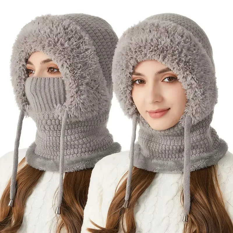 Knitted Hat Thickened Fleece Lined Windproof Warm Integrated Scarf for Cycling Skiing Outdoor Sports Unisex Large Head