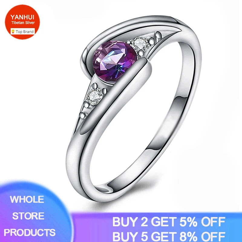 

YANHUI 100% Original Tibetan Silver 0.5ct Colorful Cubic Zirconia Rings For Women Party Elegant Wedding Band Fine Jewelry R035