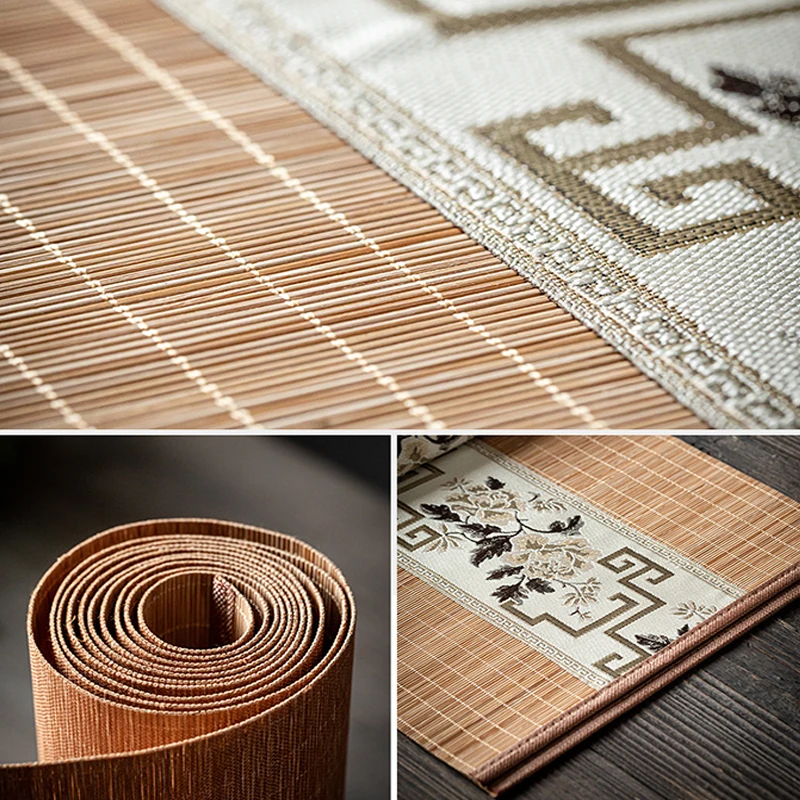 Tea Mat Embroidery Bamboo Mat Classical Vintage Tea Table Runner Tea Cup Pad Tablecloth Ancient Rhyme Chinese Style Flower