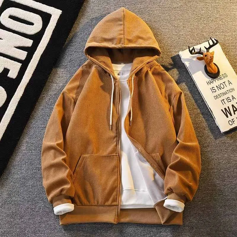 

Осень и зима, новая модная тенденция, однотонная спортивная вельветовая толстовка в стиле ретро, мужская свободная удобная куртка с капюшоном большого размера