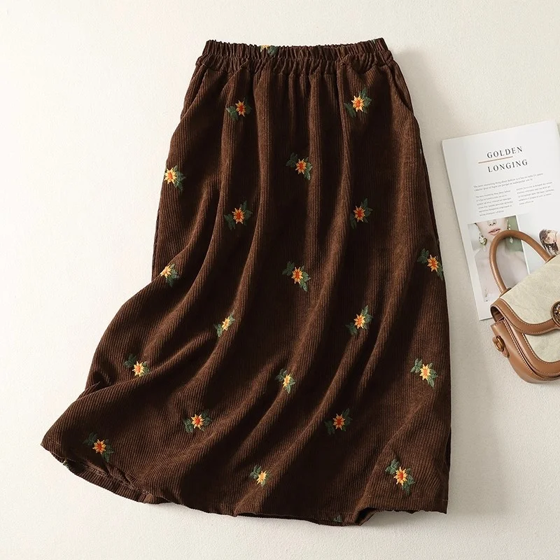 

Вельветовая юбка трапециевидной формы с вышивкой для женщин на осень и зиму, длинная юбка-зонтик с эластичной резинкой на талии, большие размеры w1569