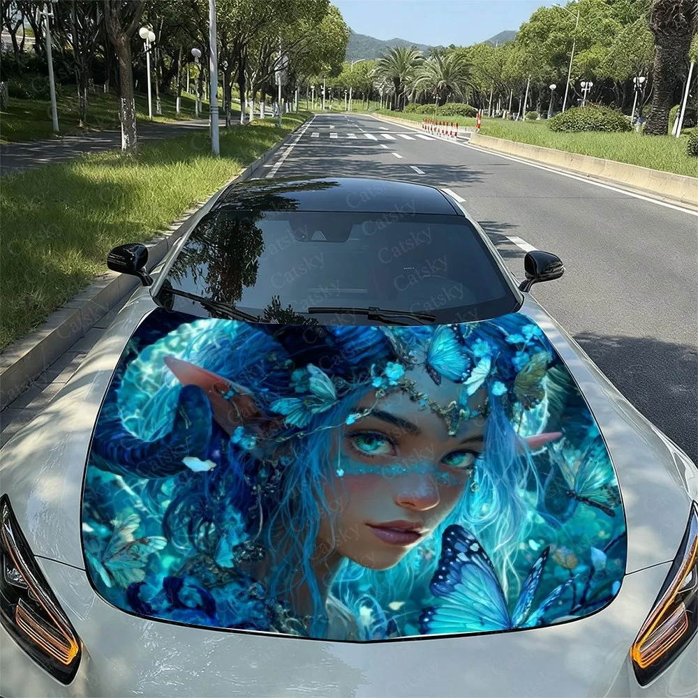 This enchanting car hood wrap features a mystical blue fairy with butterflies and floral elements, creating a magical and vibran