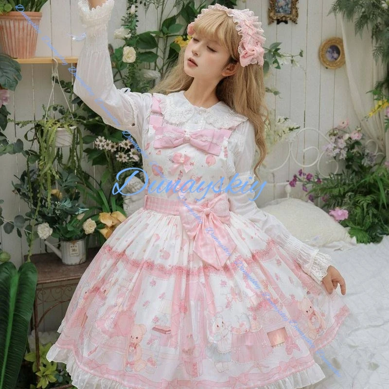 Kawaii Y2K Lolita Strap Long Sleeve Floral Mini Dress Japanese Cosplay Vintage High Waist Women's Outfit