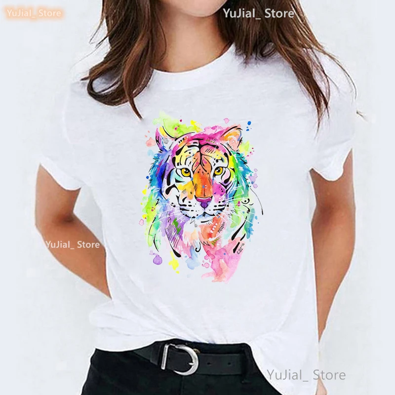 Colorful Tiger Animal Print T Shirt Women'S Clothing Casual White Tshirt Femme Summer Short Sleeve T-Shirt Female Streetwear